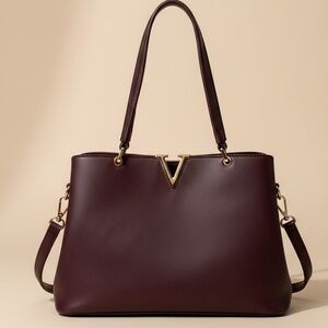 Burgundy Structured Satchel Bag Gold V Top Handle Crossbody Minimalist Purse